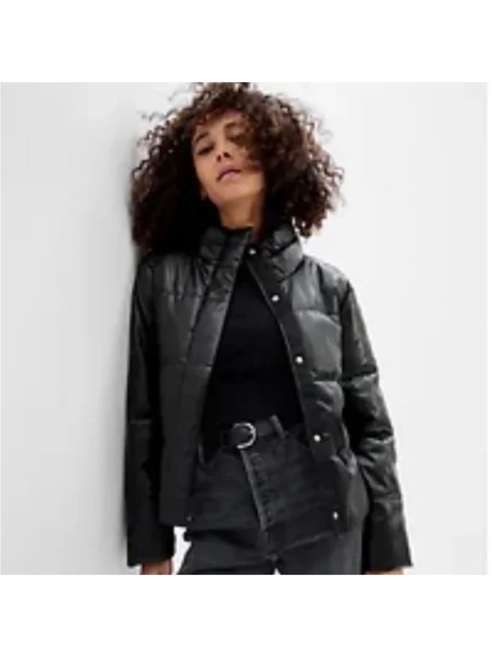 GAP Black Faux Leather Quilted Snap-Front Puffer Jacket